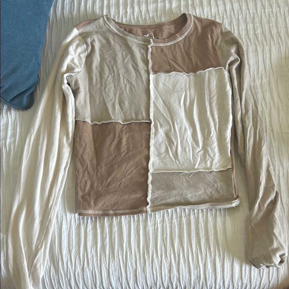 Hollister Cream and Tan Asymmetrical Fitted Blouse